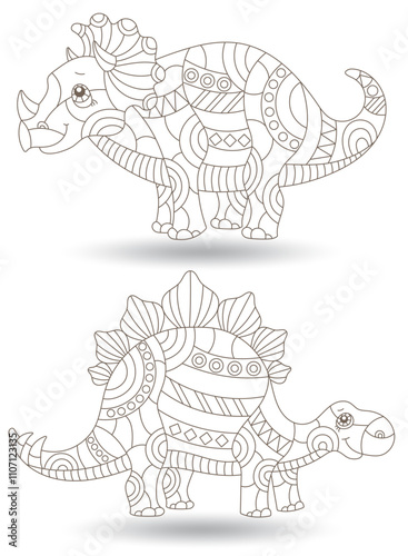 A set of contour illustrations in the style of stained glass with cute dinosaurs, dark contours on a white background