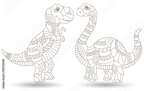 A set of contour illustrations in the style of stained glass with cute dinosaurs, dark contours on a white background
