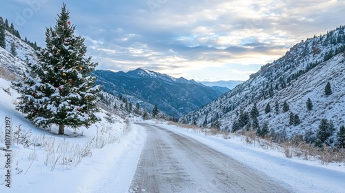 Winter Wonderland Landscape with Christmas Tree along a Snowy Road in the Mountains Under a Cloudy Sky Capturing Holiday Spirit and Nature's Beauty