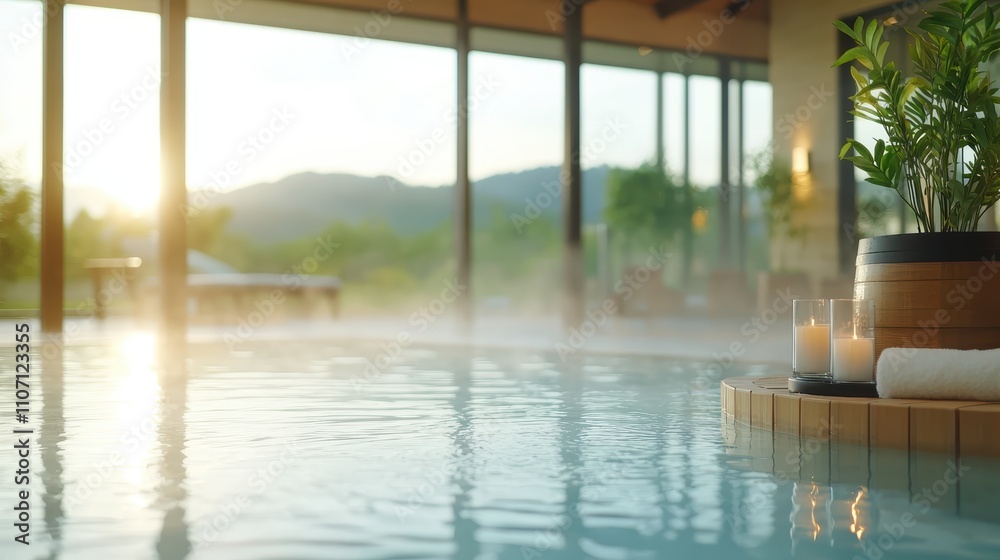 Obraz premium A tranquil spa scene featuring a steaming pool, candles, and a scenic view of mountains at sunrise, promoting relaxation and well-being.