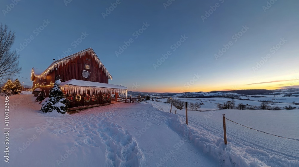 Serene Winter Scene with Rustic Red Barn and Snow-Covered Landscape at Dusk, Capturing the Beauty of Rural Life in a Snowy Paradise Serene Winter Scene with Rustic Red Barn and Snow-Covered Landscape at Dusk, Capturing the Beauty of Rural Life in a Snowy Paradise