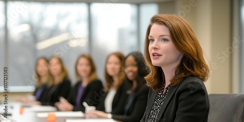 Boss woman leadership goal-oriented concept. A confident woman speaks at a meeting while several other women attentively listen in a modern conference room setting.