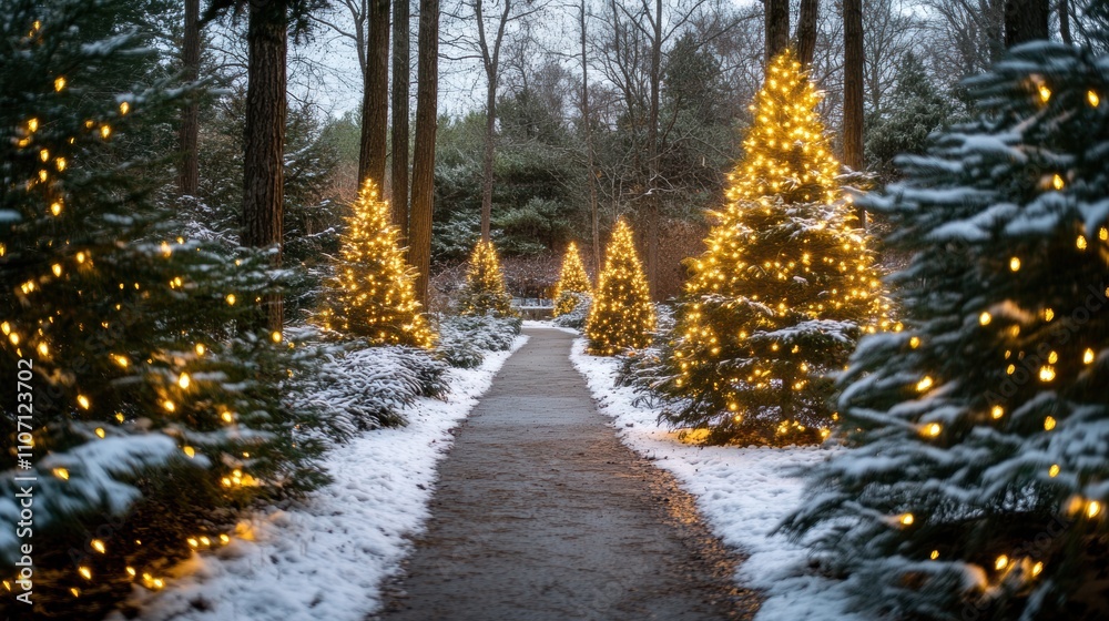 Fototapeta premium Winter Wonderland Pathway with Glowing Christmas Trees Illuminated by Warm Lights Surrounded by Snowy Landscape in a Tranquil Forest Setting