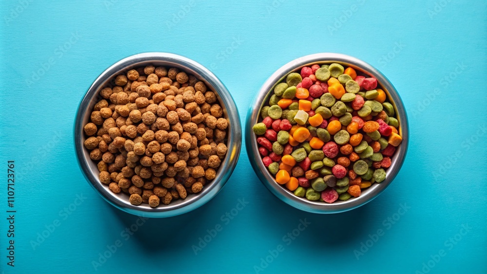 Aerial perspective of two bowls filled with pet food against a light blue background, perfect imagery for promoting pet nutrition and care products effectively. Aerial perspective of two bowls filled with pet food against a light blue background, perfect imagery for promoting pet nutrition and care products effectively.