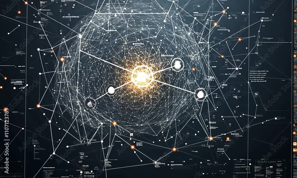 A complex network visualization representing interconnected data points and relationships.