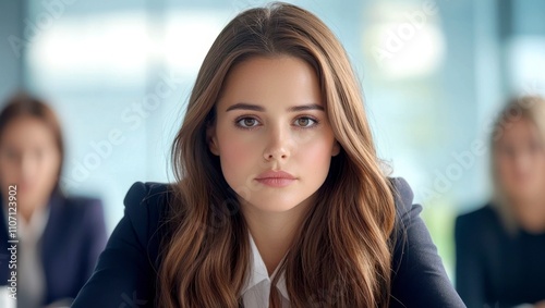 Wallpaper Mural Boss woman leadership goal-oriented concept. A focused woman in business attire gazes intently at the camera, surrounded by blurred figures, suggesting a professional setting. Torontodigital.ca