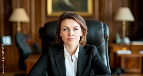 Boss woman leadership goal-oriented concept. A confident professional woman sits in a formal office, exuding authority and composure, with elegant furnishings in the background. photo