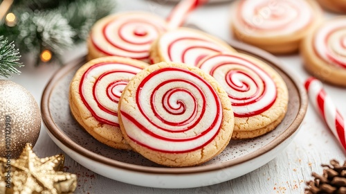 Freshly baked peppermint swirl cookies in a candy cane theme, bright red and white stripes with a soft, chewy texture, perfect for holiday dessert ideas