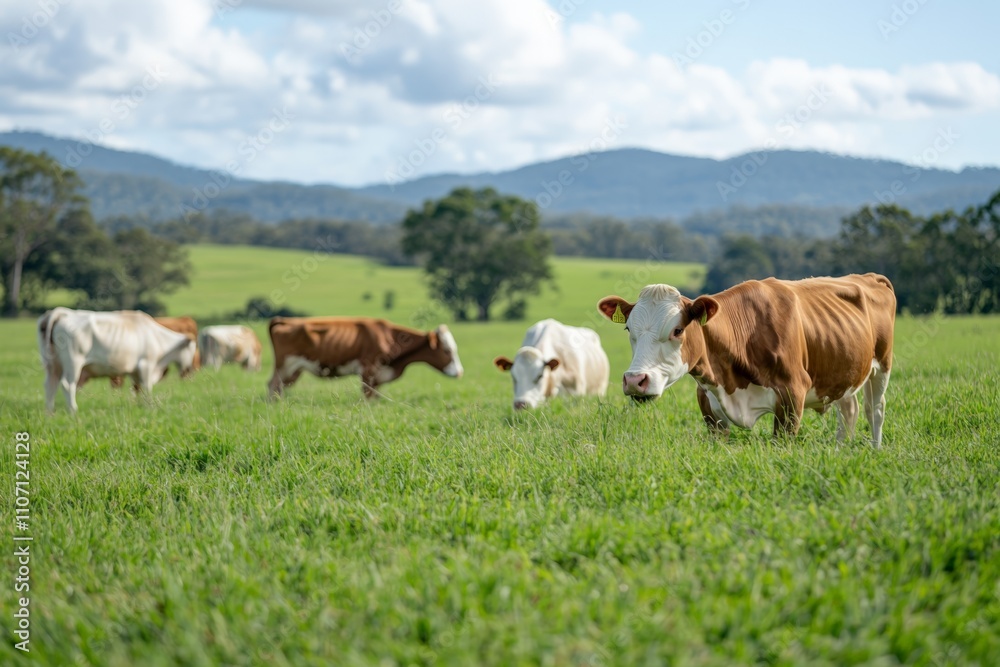 A group of brown and white cows grazing in a lush green field. The pastoral setting and relaxed environment capture the simplicity of farm life and connection to nature. A group of brown and white cows grazing in a lush green field. The pastoral setting and relaxed environment capture the simplicity of farm life and connection to nature.