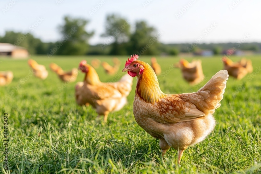 Fototapeta premium A hen stands in a sunlit field at sunset, surrounded by soft green grass.
