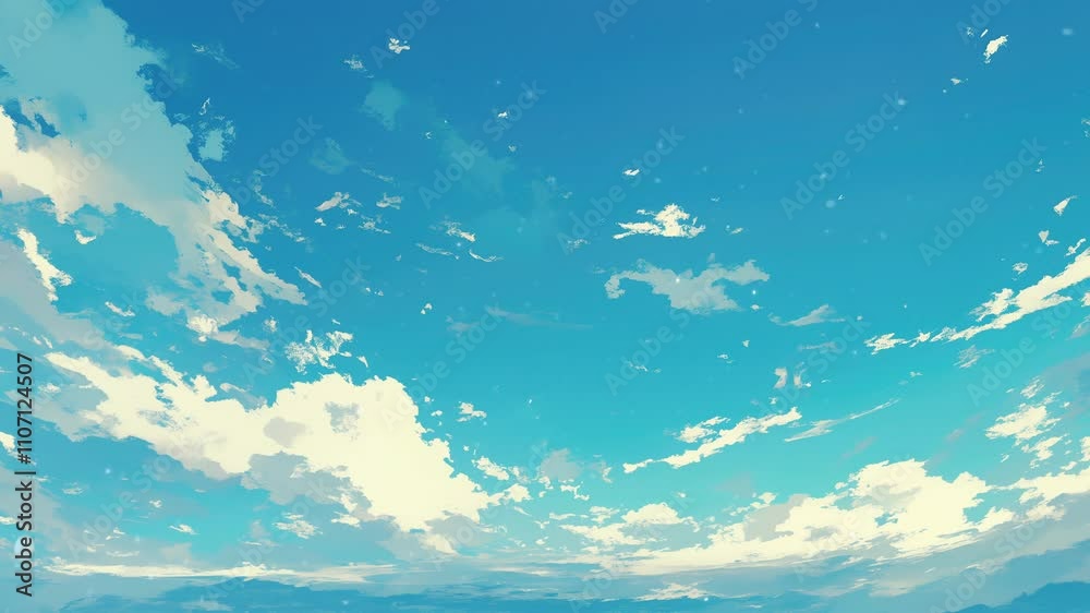 Gentle anime style clouds float across the sky, creating a breathtaking scene perfect for an anime wallpaper. Loop animation.