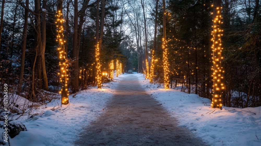 Serene Winter Pathway Illuminated by Twinkling Fairy Lights, Surrounded by Snow, Capturing the Magic of the Holiday Season in a Tranquil Forest Setting Serene Winter Pathway Illuminated by Twinkling Fairy Lights, Surrounded by Snow, Capturing the Magic of the Holiday Season in a Tranquil Forest Setting