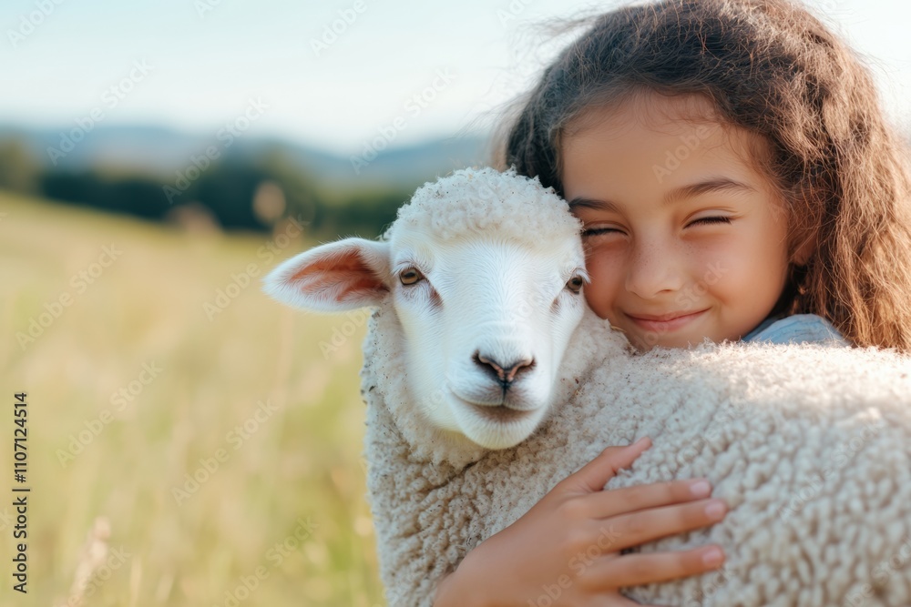 A smiling girl embraces a fluffy sheep, showcasing a deep bond with nature.