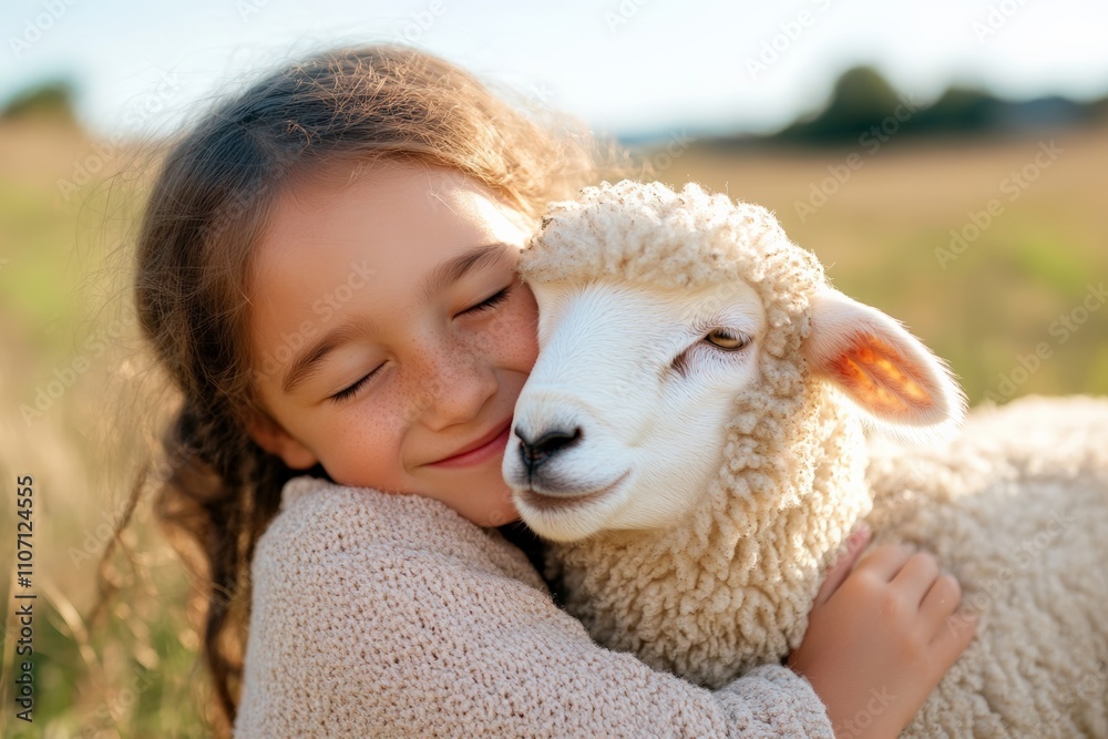 A smiling girl embraces a fluffy sheep, showcasing a deep bond with nature. A smiling girl embraces a fluffy sheep, showcasing a deep bond with nature.