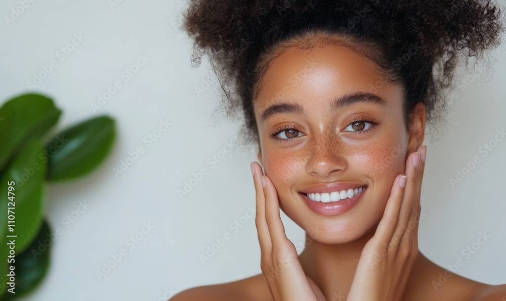 A young woman with radiant, freckled skin smiles warmly, highlighting natural beauty and confidence. A young woman with radiant, freckled skin smiles warmly, highlighting natural beauty and confidence.