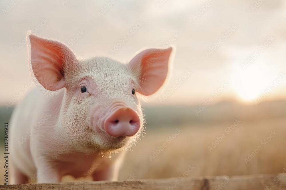 A pig standing on a farm against a scenic rural landscape. It appears well-cared-for and friendly, standing near a wooden fence. A pig standing on a farm against a scenic rural landscape. It appears well-cared-for and friendly, standing near a wooden fence.