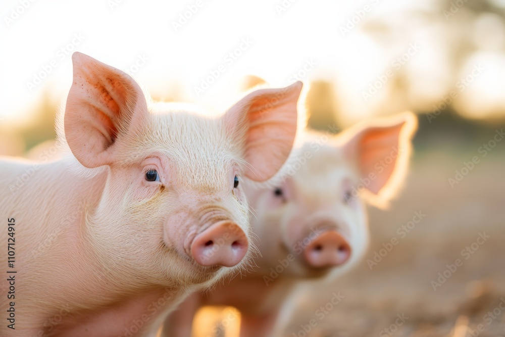Three adorable piglets standing on straw in a farmyard, looking curiously at the camera. Three adorable piglets standing on straw in a farmyard, looking curiously at the camera.