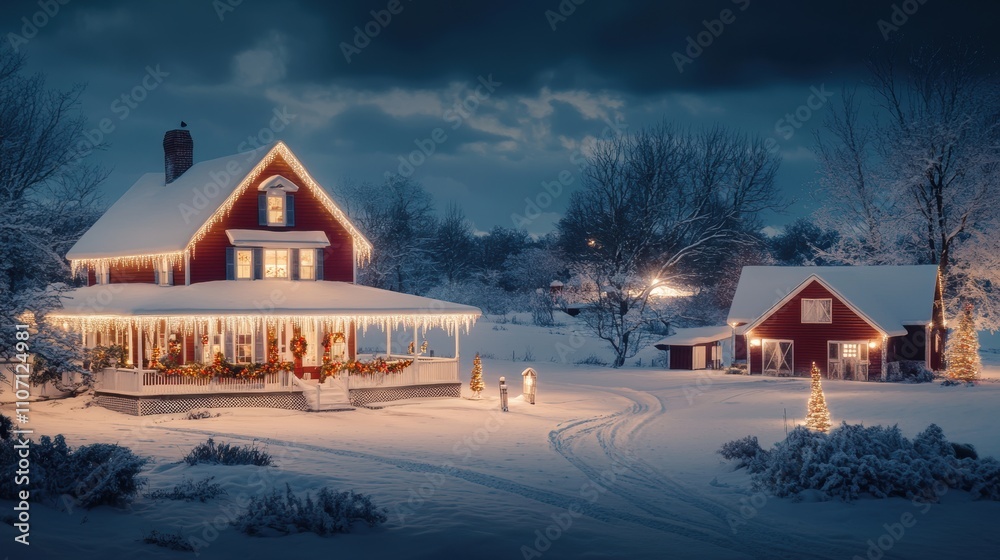 Cozy Red House Wrapped in Winter Wonderland with Snow-Covered Landscape and Festive Lights, Evoking Warmth and Holiday Cheer During a Magical Evening Cozy Red House Wrapped in Winter Wonderland with Snow-Covered Landscape and Festive Lights, Evoking Warmth and Holiday Cheer During a Magical Evening