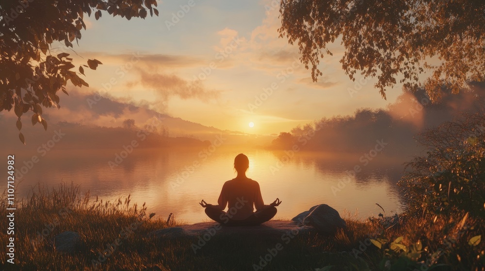 A person practicing yoga at sunrise, surrounded by nature, embodying a lifestyle focused on mindfulness, health, and tranquility A person practicing yoga at sunrise, surrounded by nature, embodying a lifestyle focused on mindfulness, health, and tranquility