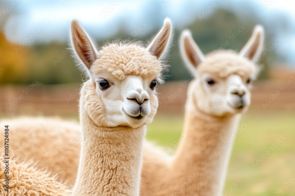 Two alpacas with fluffy fur standing together, looking attentively. Their friendly faces and soft wool create a warm and inviting farm atmosphere. Two alpacas with fluffy fur standing together, looking attentively. Their friendly faces and soft wool create a warm and inviting farm atmosphere.
