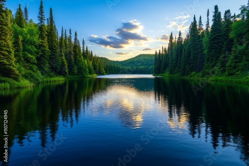 Serene Forest Lake Reflecting a Clear Blue Sky