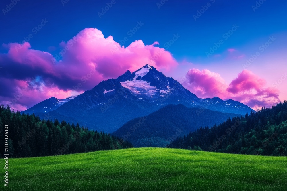 Obraz premium Majestic Snow-Capped Mountain with Pink Clouds at Dusk