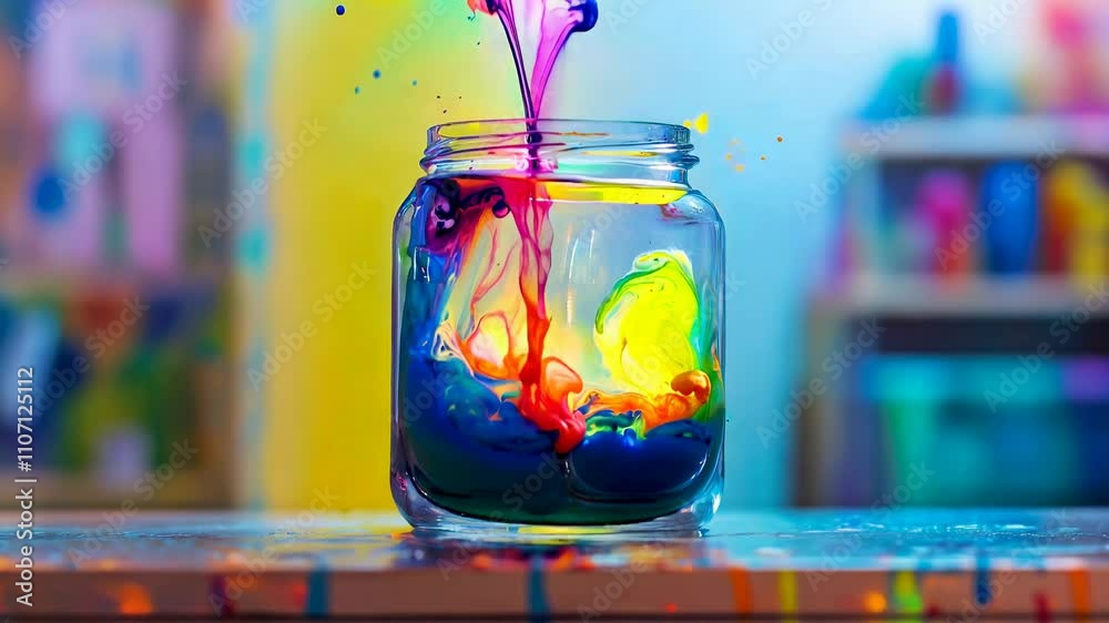 Mesmerizing patterns of colorful paint swirling in water inside a glass jar as abstract art Mesmerizing patterns of colorful paint swirling in water inside a glass jar as abstract art