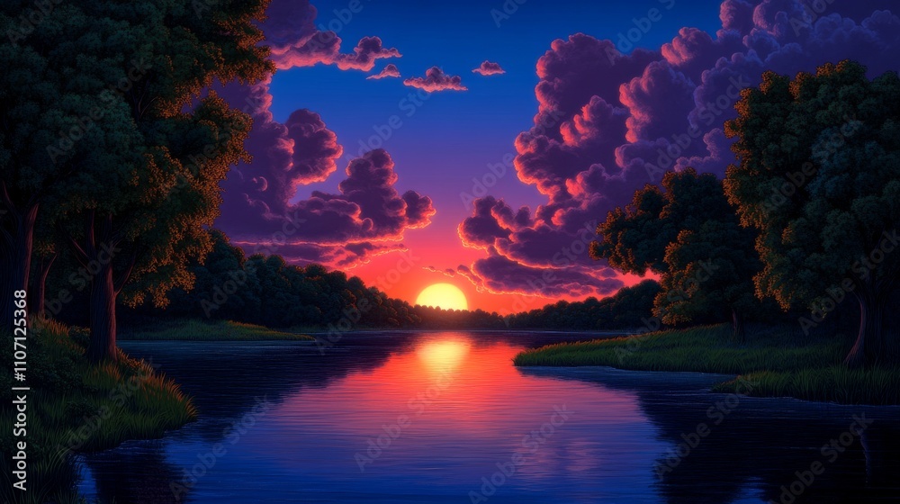 Tranquil River at Sunset with Colorful Sky and Lush Trees Tranquil River at Sunset with Colorful Sky and Lush Trees