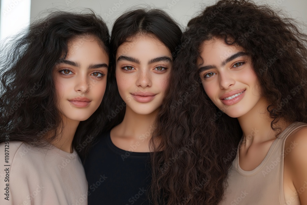A group portrait of three young women with natural, curly dark hair and radiant skin, showcasing beauty, diversity, and friendship. A group portrait of three young women with natural, curly dark hair and radiant skin, showcasing beauty, diversity, and friendship.