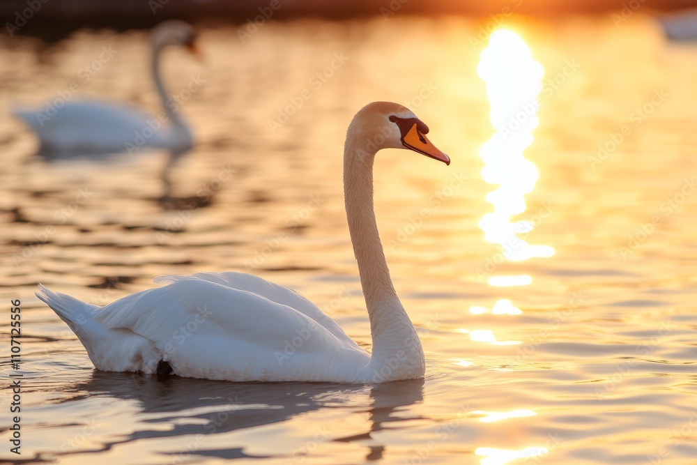 Fototapeta premium Two swans with their necks forming a heart shape at sunset on a calm lake.