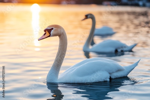 Two swans with their necks forming a heart shape at sunset on a calm lake. photo