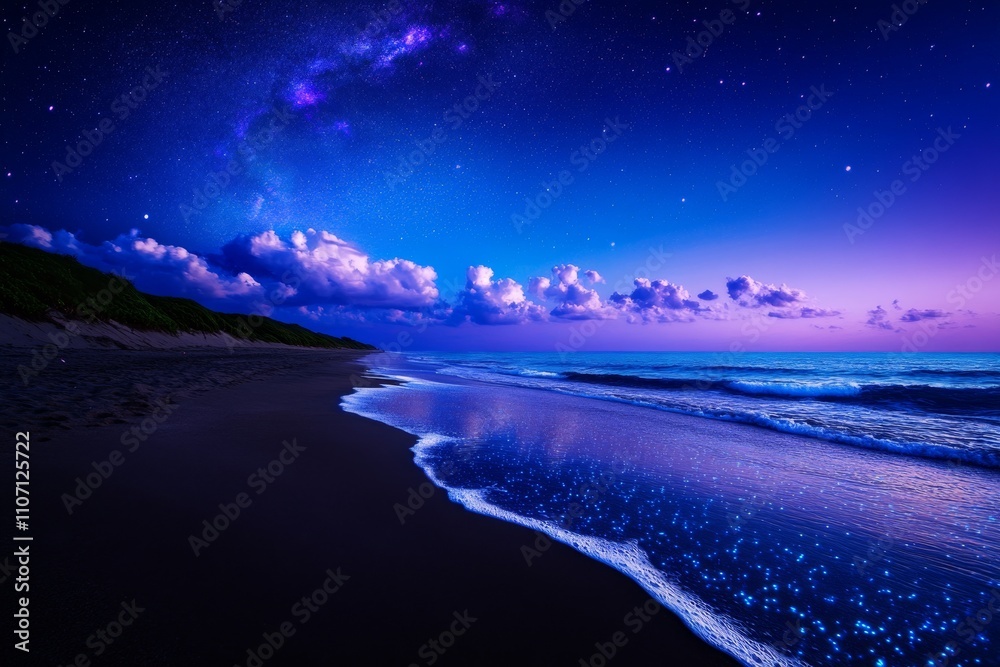 Starry Night Sky Over Tranquil Beach with Bioluminescent Waves Starry Night Sky Over Tranquil Beach with Bioluminescent Waves
