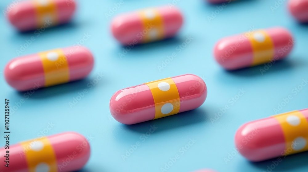 Pink pills with yellow stripes and white dots on a light blue surface. Pink pills with yellow stripes and white dots on a light blue surface.