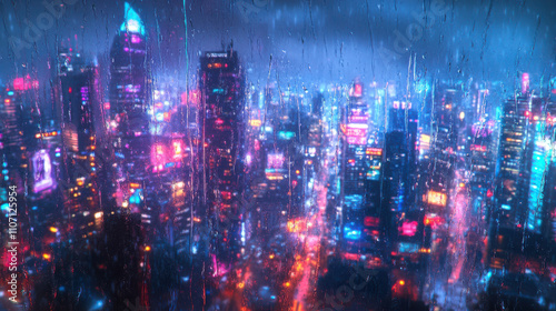 Wallpaper Mural vibrant city skyline illuminated by neon lights, seen through rain covered glass Torontodigital.ca