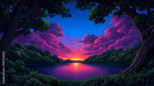 Serene Lake Sunset Framed by Lush Trees and Purple Clouds