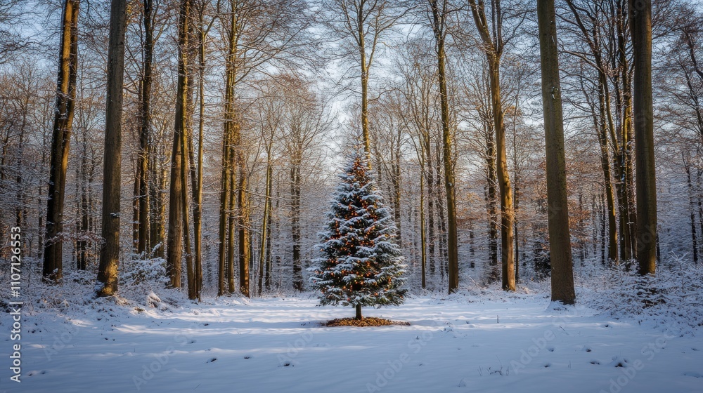 Obraz premium Peaceful Winter Landscape with Snowy Pine Tree in a Serene Forest Surrounded by Tall Trees and Soft Morning Light Filtering Through Branches