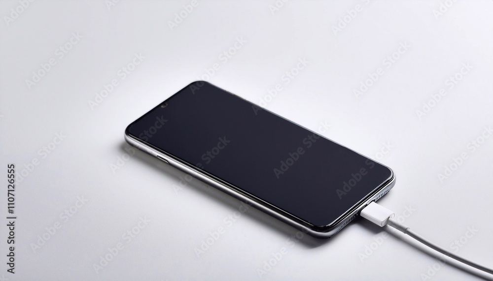 A mobile phone is connected to a charger on a white background A mobile phone is connected to a charger on a white background