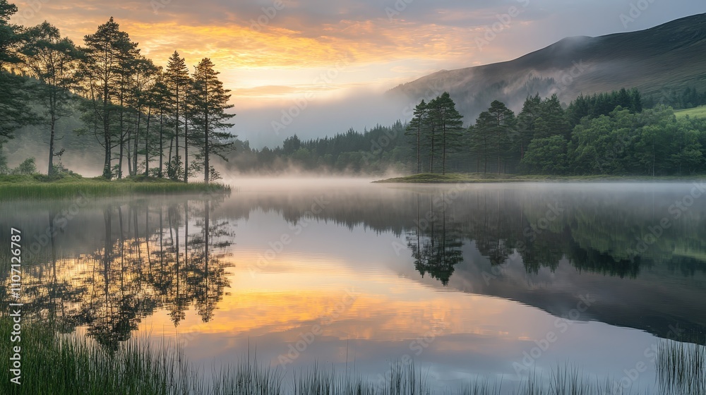 A quiet lakeside landscape at dawn, with a thick mist rising from the surface of the water. A quiet lakeside landscape at dawn, with a thick mist rising from the surface of the water.