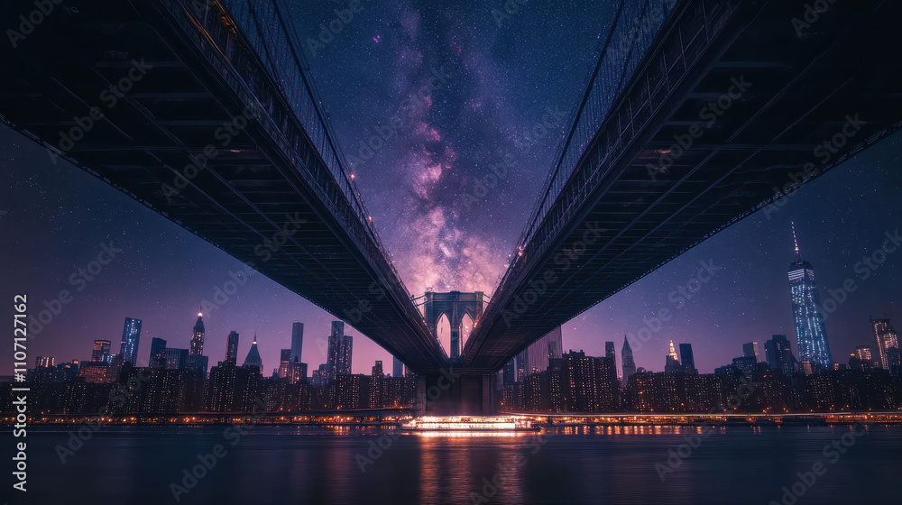 Naklejka premium stunning long exposure of historic bridge under starry sky