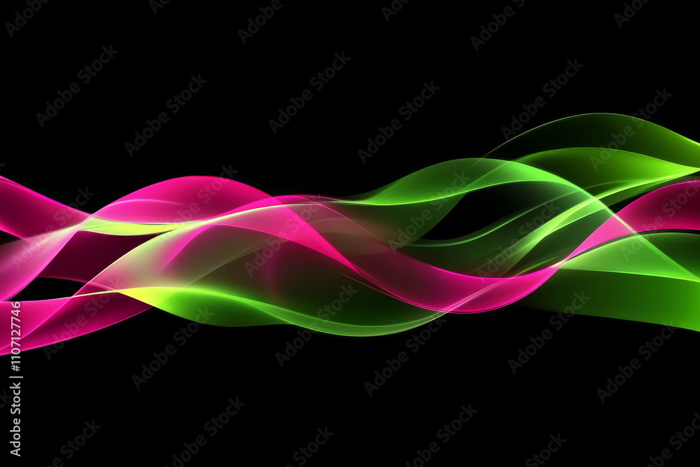 Naklejka premium Abstract glowing ribbon texture, dynamic neon green and pink waves twisting gracefully, futuristic and elegant