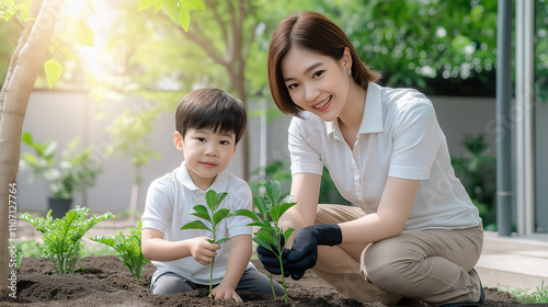 Mother and young son planting saplings together in a garden, family bonding and environmental stewardship, nature, and instilling eco-friendly values in the younger generation ,love for nature photo