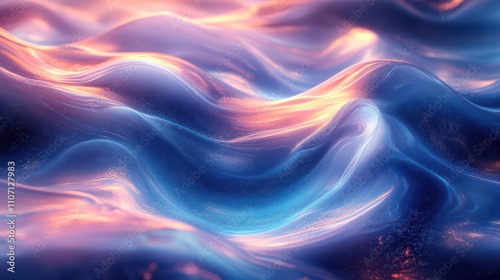Fototapeta premium A stunning abstract image of flowing waves in vibrant colors, showcasing shades of blue, purple, and hints of orange, evoking a sense of calm and fluidity.