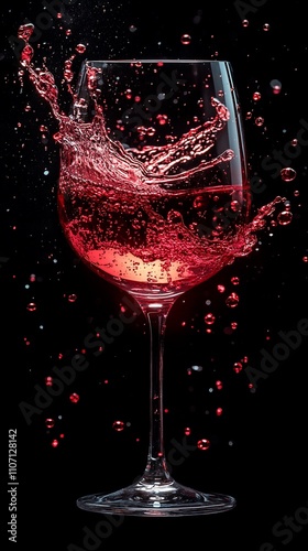 A splash of red liquid in a wine glass against a black background.