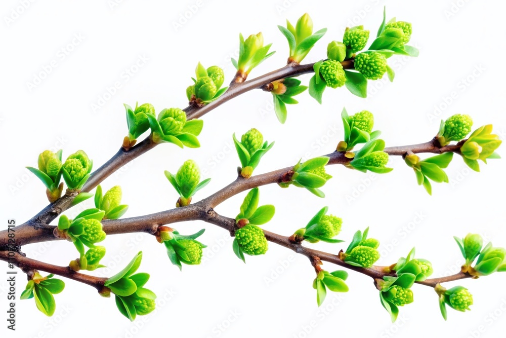 A playful aerial view of a fresh spring branch adorned with vibrant green buds, set against a pristine white background, invoking the joy of nature’s renewal. A playful aerial view of a fresh spring branch adorned with vibrant green buds, set against a pristine white background, invoking the joy of nature’s renewal.