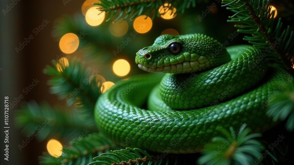 Fototapeta premium A snake coiled on fir tree branch against a bright lights background. Symbol of Eastern calendar. New Year party concept. Festive mood