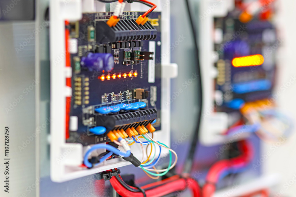 Security and fire alarm equipment with LEDs on. Close-up. Soft focus. Security and fire alarm equipment with LEDs on. Close-up. Soft focus.