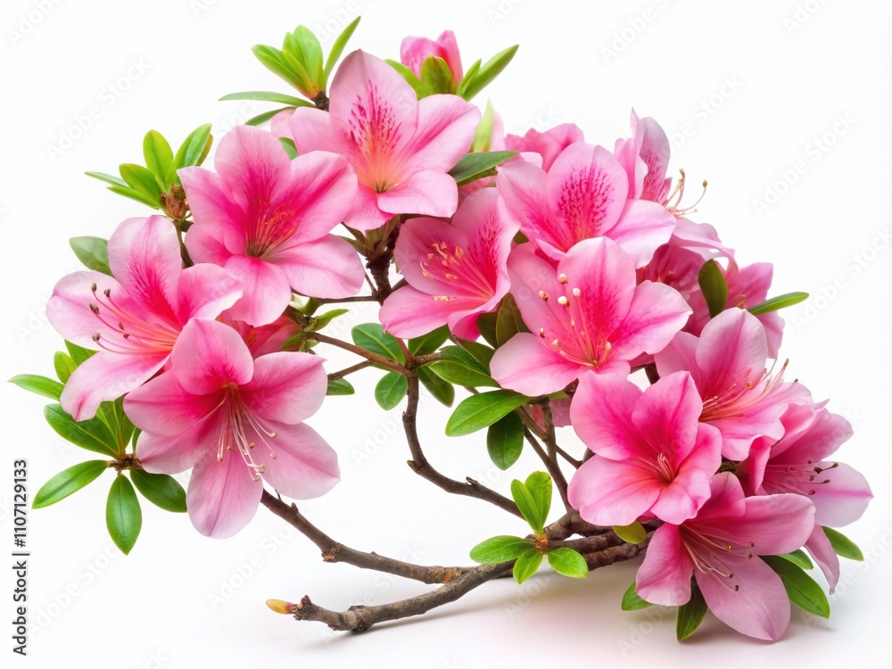 Obraz premium Stunning Pink Blossoming Azalea Flowers on a Branch Isolated Against a Clean White Background for Elegant Floral Product Photography and Nature-themed Designs