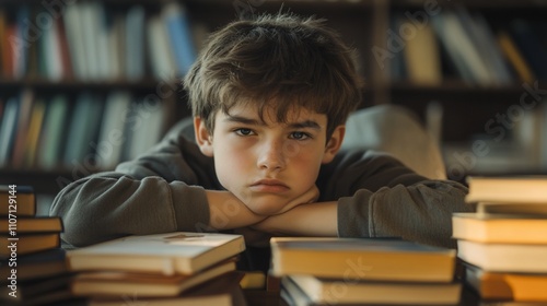 A boy looks bored, resting his head on books in a library setting.