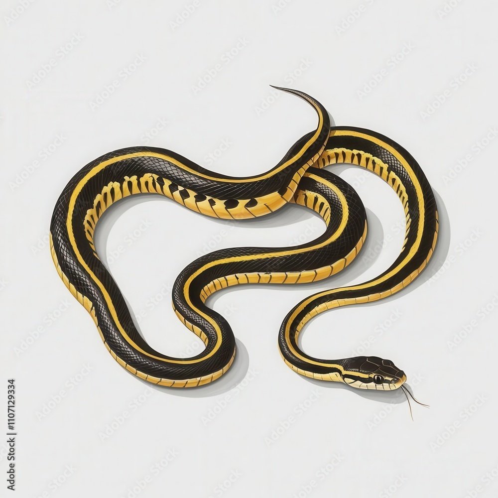 Fototapeta premium A colorful snake with black and yellow patterns, white isolated background.