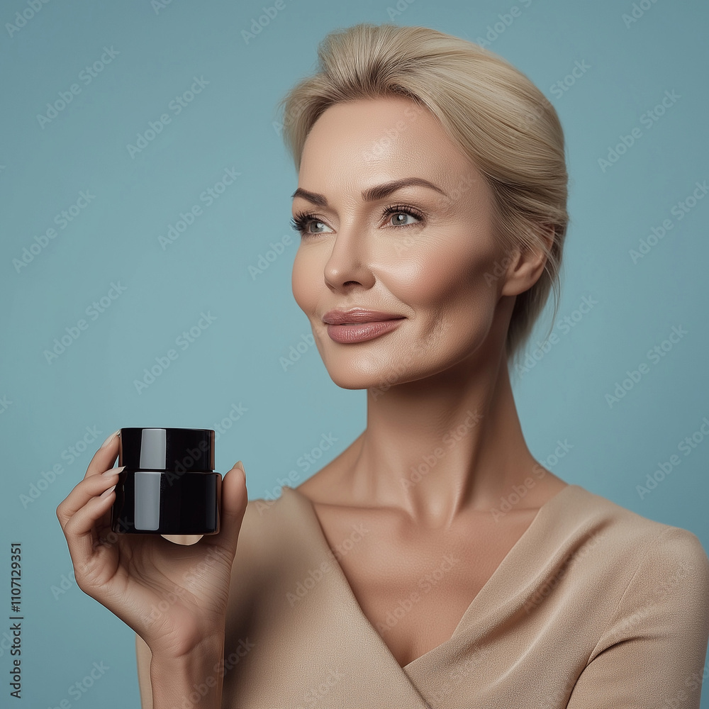 photo of a blonde woman with natural and realistic skin, holding a small black jar of cream in one hand, in a classic advertising pose photo of a blonde woman with natural and realistic skin, holding a small black jar of cream in one hand, in a classic advertising pose